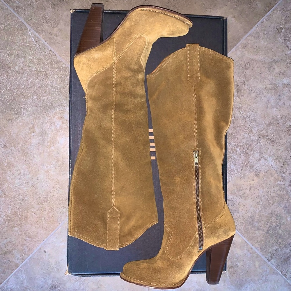 Frye Tan Suede Knee-High Heeled Boots - Picture 5 of 9